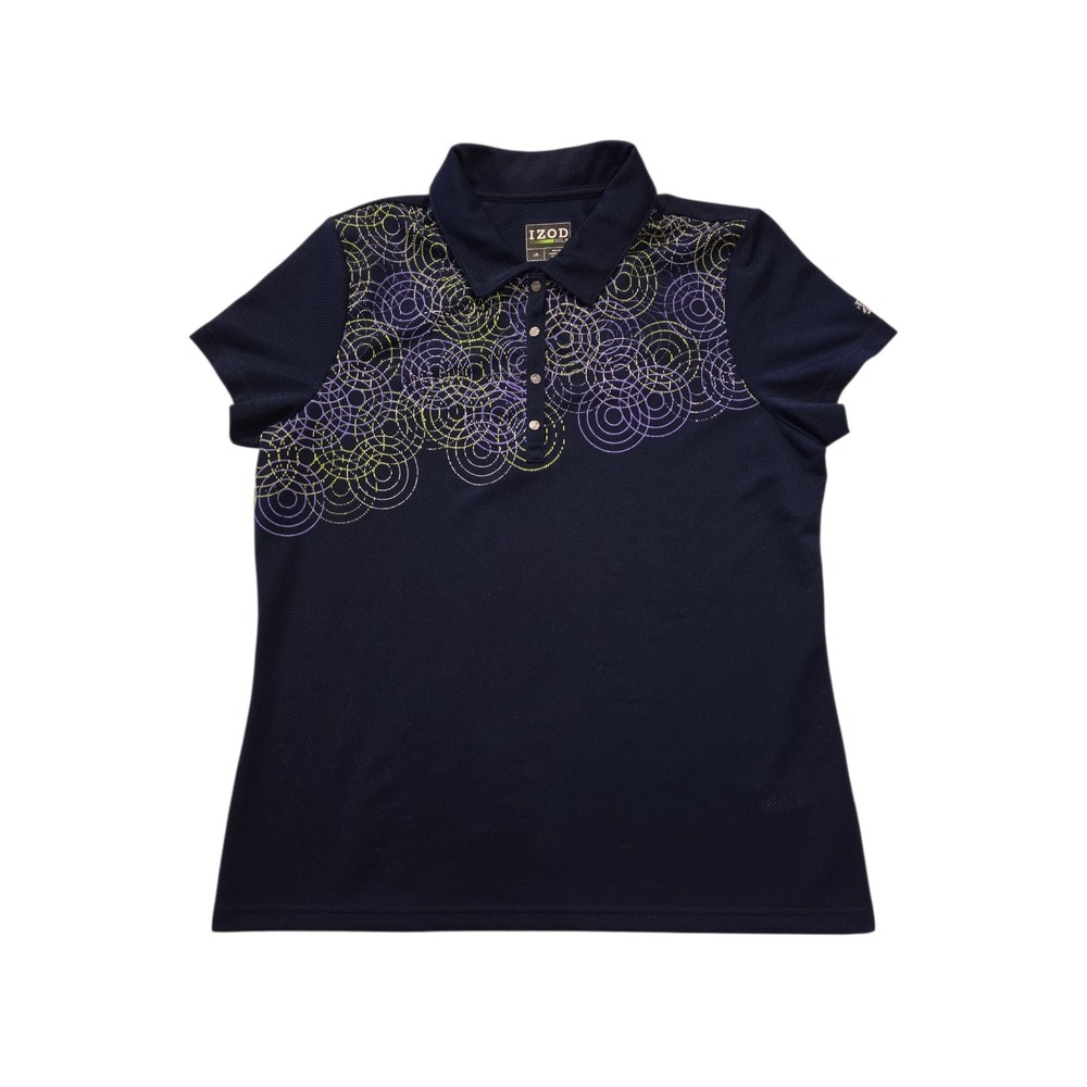 IZOD Golf Womens Large Polo Navy Geometric Snap Front Short Sleeve